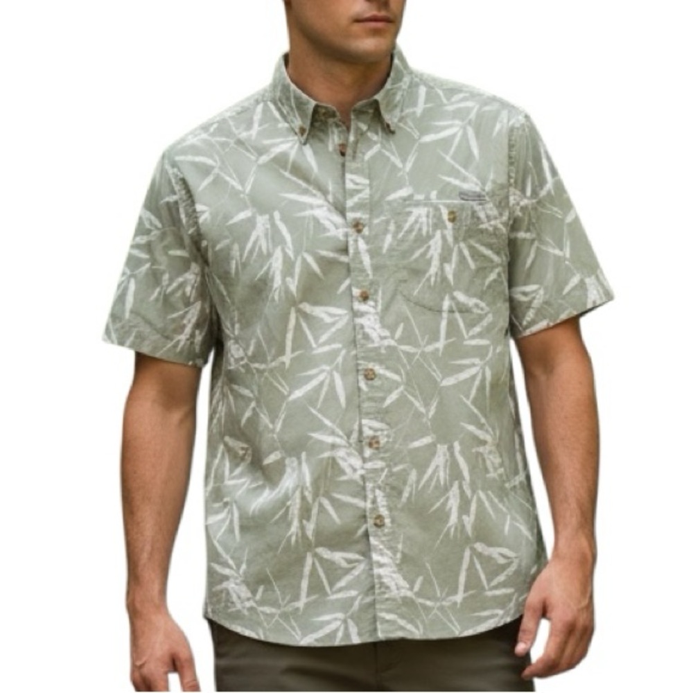 EDDIE BAUER | Men Green Textured Bamboo Print Ventilated Button Down Shirt Large